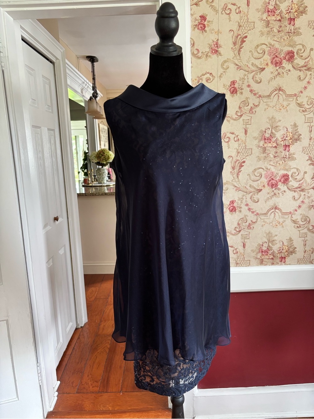 SLNY Navy and Beige Two-Tone Dress